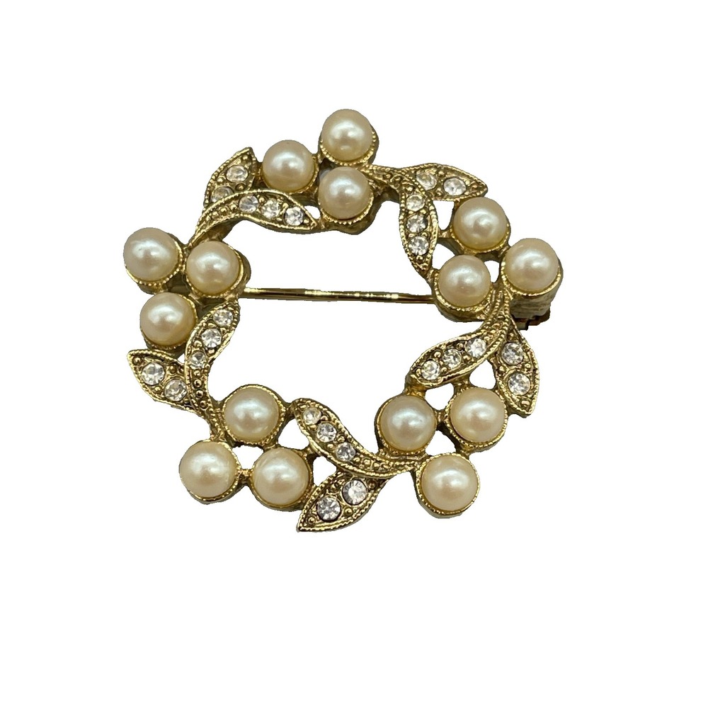 Vintage Carol Lee? Brooch Faux Pearls Rhinestones‎ Goldtone Wreath Brooch